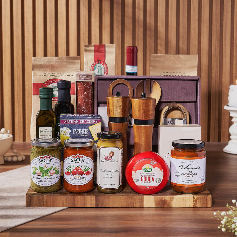 Celebration Wine Gift Basket Featuring Montebello Pasta and Gourmet Delights – gift basket with this product contains our base red wine