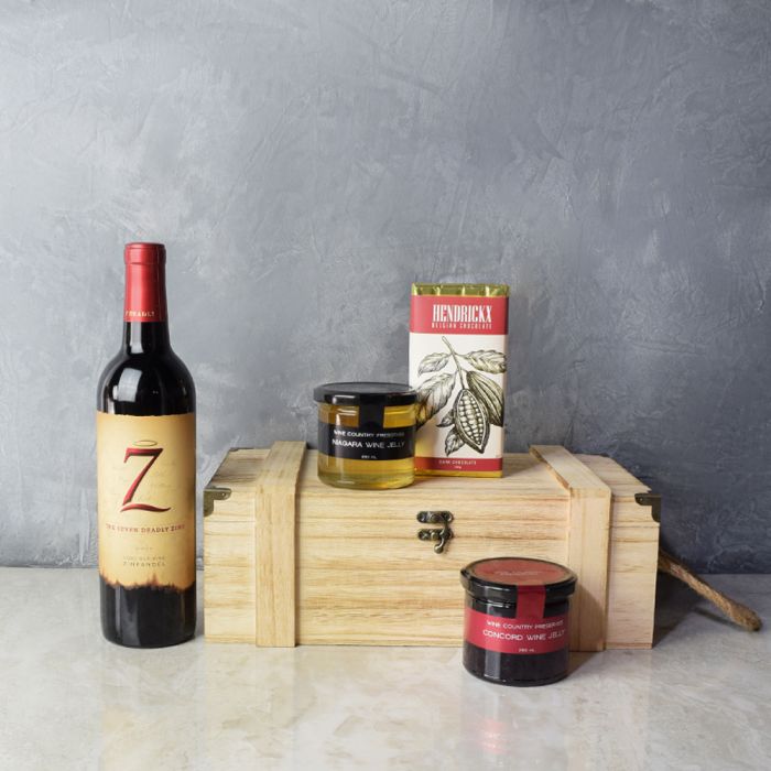 Wine with Belgian Chocolate Gift – gift basket with duo wine box w/ burned finish, bottle of wine and hendrickx belgian dark chocolate