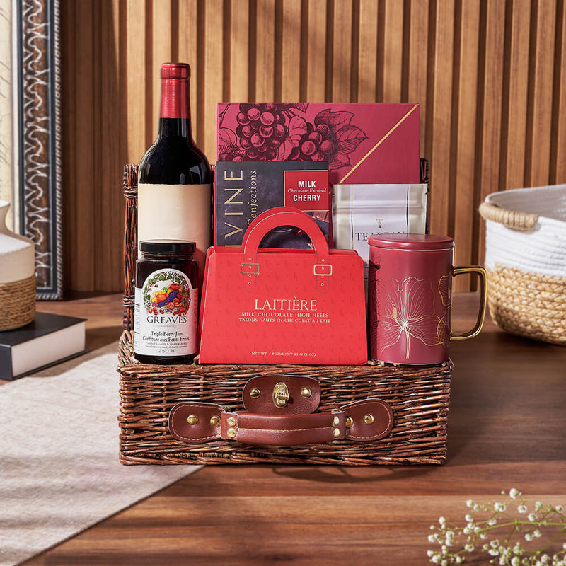 Enchanted Moments Wine & Tea Gift Basket, wine gift, wine, tea gift, tea, chocolate gift, chocolate, New York City delivery