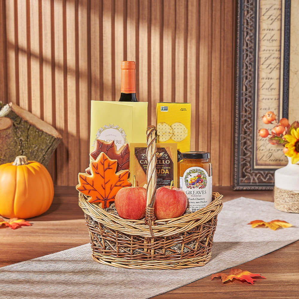 Thanksgiving Wine & Harvest Treats Basket, wine gift, wine, fruit gift, fruit, cookie gift, cookie, thanksgiving gift, thanksgiving, New York City delivery
