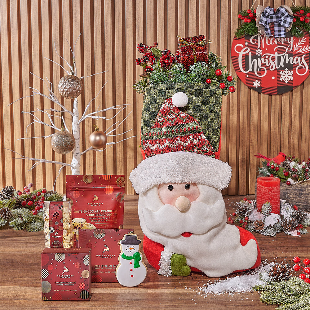 Holiday Chocolate Gift Box in Festive Christmas Stocking – gift basket with this product does not contain alcohol and food items may contain common