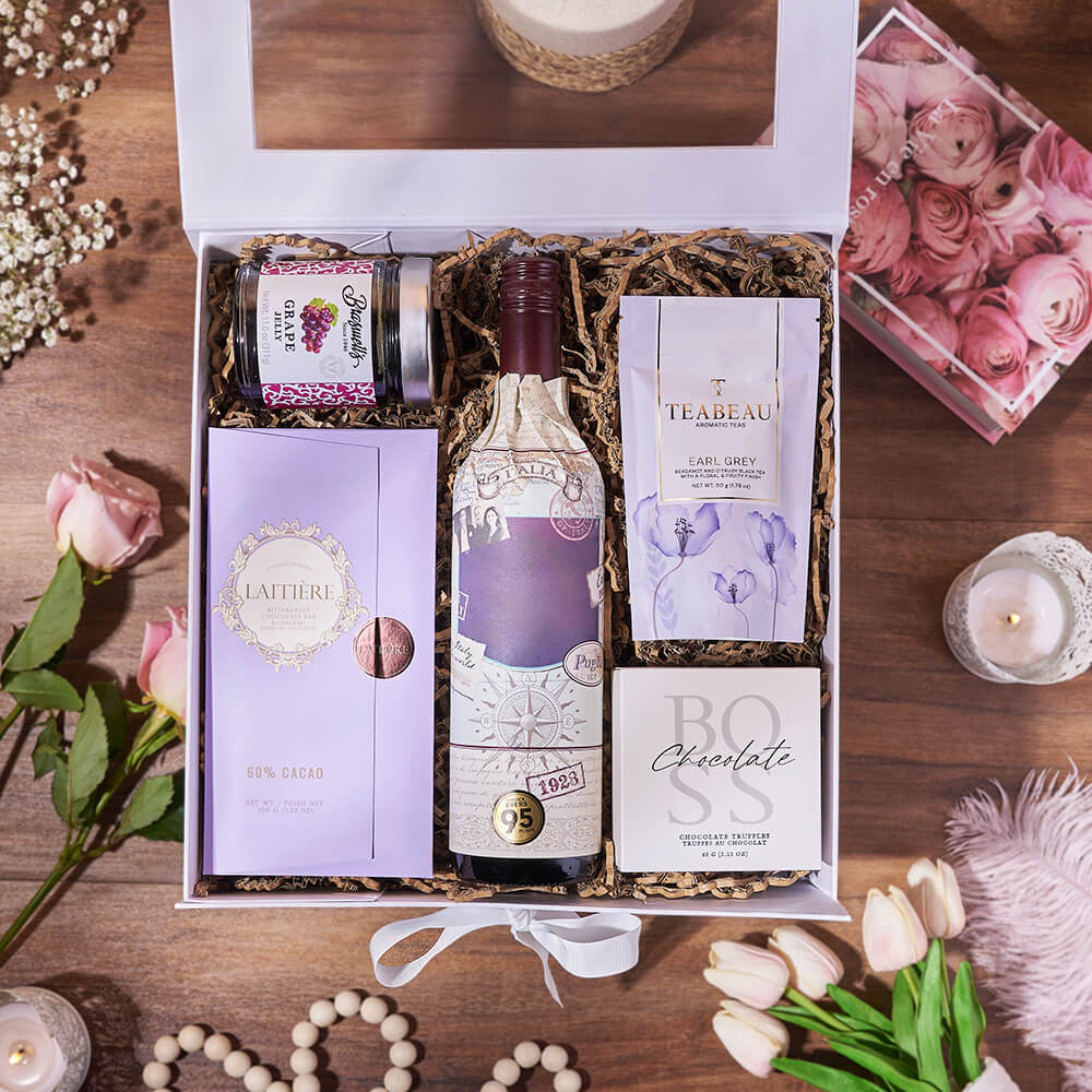 The Afternoon Comfort Tea & Wine Gift Set, wine gift, wine, chocolate gift, chocolate, tea gift, tea, New York City delivery