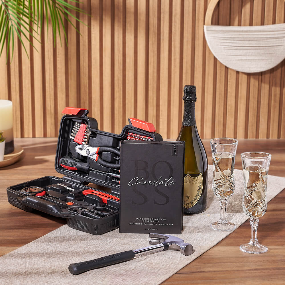 The DIY Specialist Champagne Gift Set, champagne gift, champagne, sparkling wine gift, sparkling wine, chocolate gift, chocolate, tool gift, tools, New York City delivery
