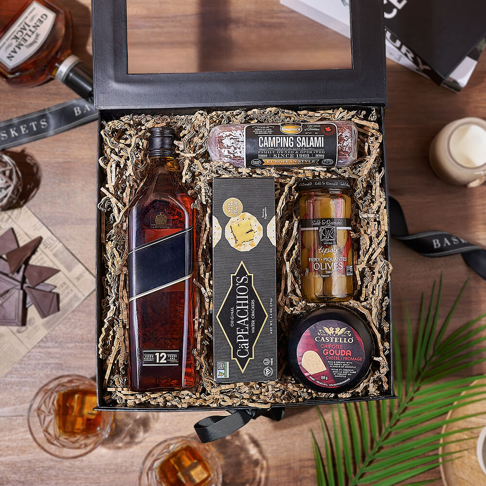 Elegant Gourmet Gift Featuring Base Whiskey and Curated Delicacies – how the gift is presented