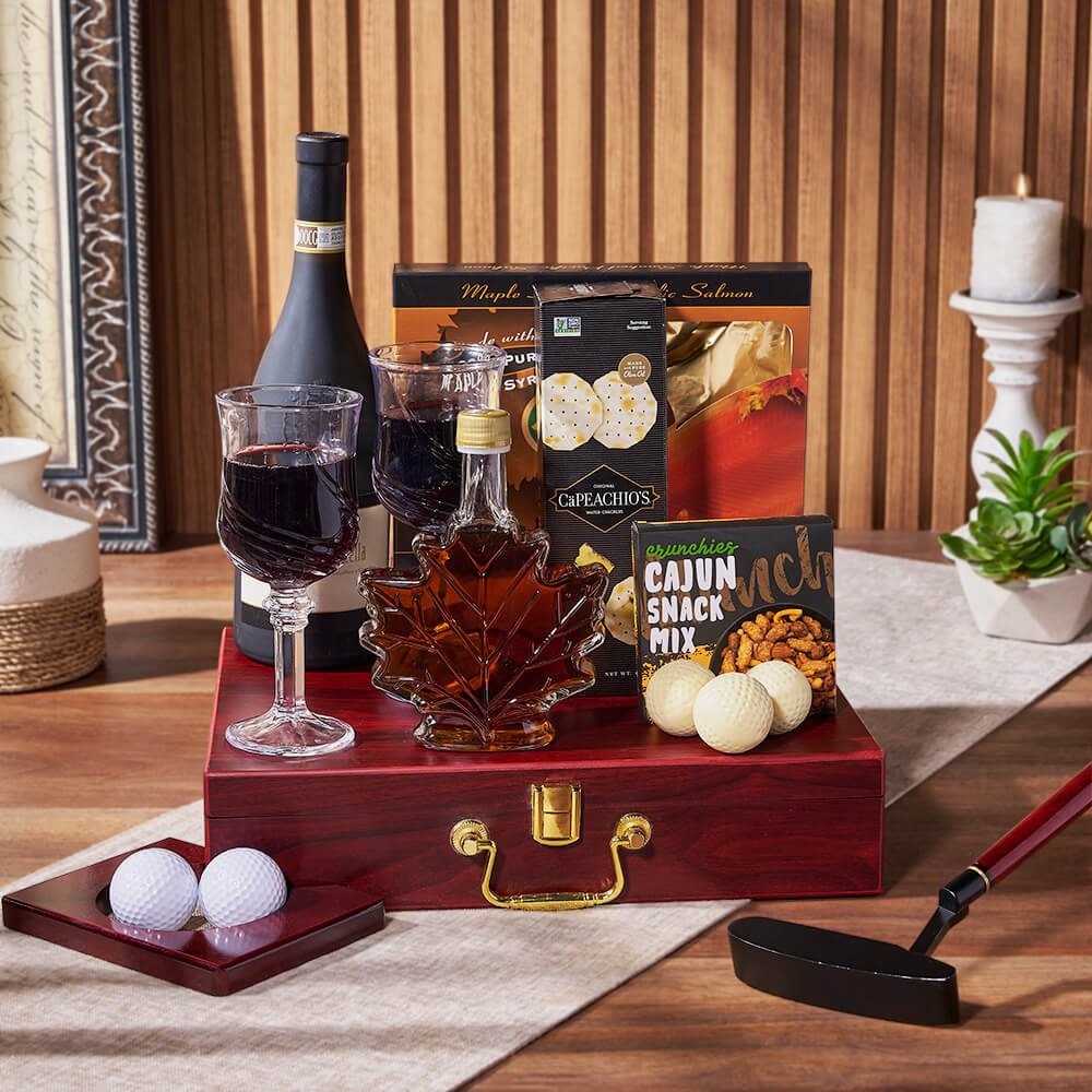 The Golfer’s Maple & Wine Gift Set, wine gift, wine, seafood gift, seafood, golf gift, golf, putting gift, putting, New York City delivery