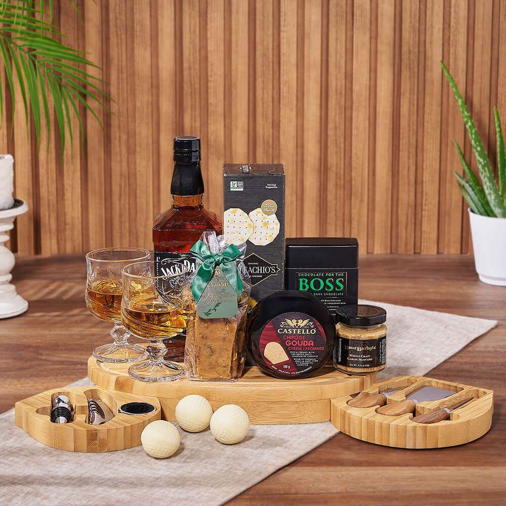 The Golfer’s Whiskey Round Gift Set, liquor gift, liquor, cheese board gift, cheese board, golf gift, golf, New York City delivery