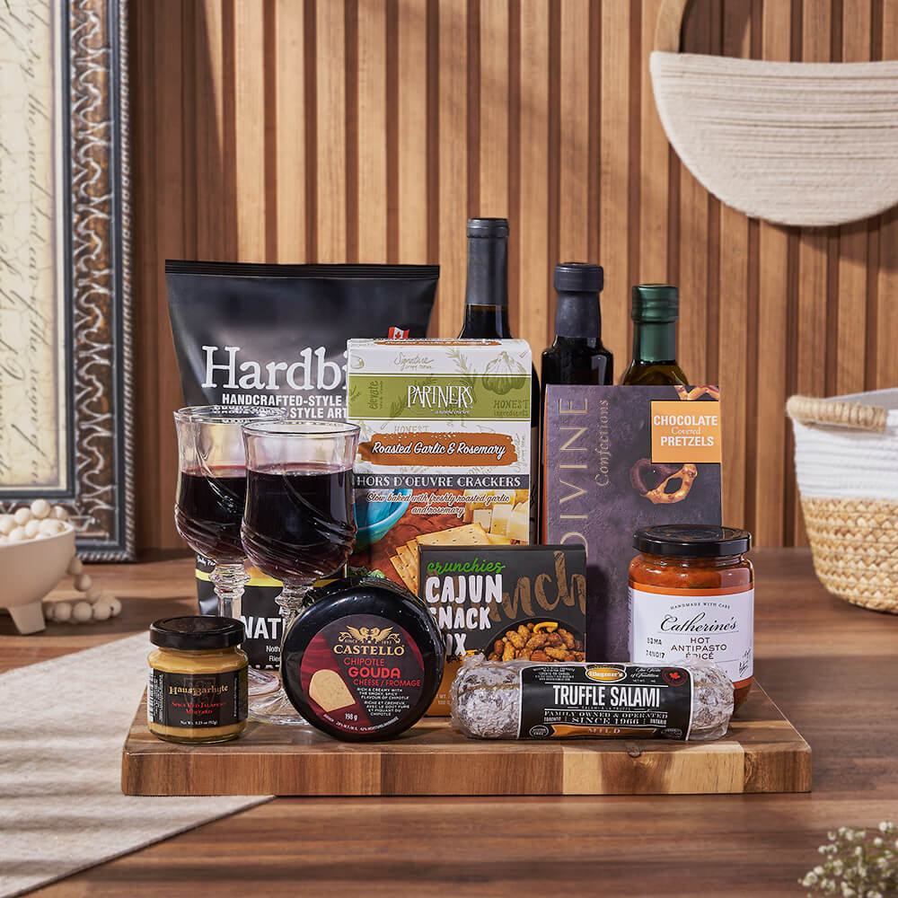 Acacia Board Wine and Cheese Gift – gift basket with orsini balsamic vinegar, orsini extra virgin olive oil and hardbite all natural chips