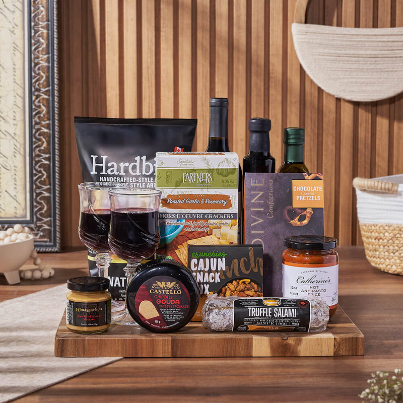 Acacia Board Wine and Cheese Gift – gift basket with orsini balsamic vinegar, orsini extra virgin olive oil and hardbite all natural chips
