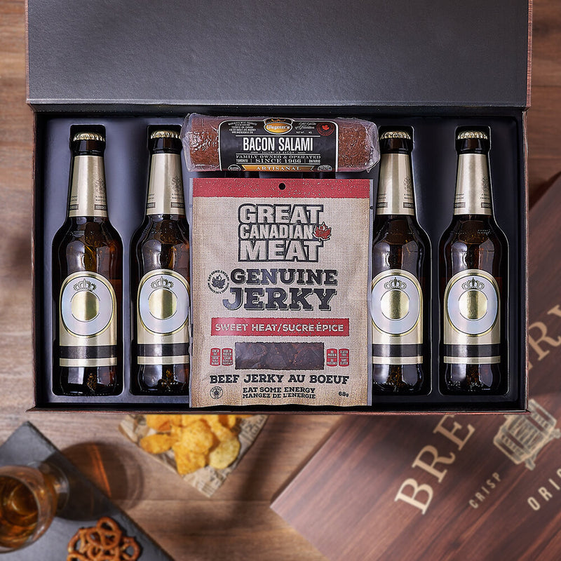 Pub Table Beer & Meat Box – gift basket with 4 american beers, great canadian meat beef jerky sweet heat and wagener's bacon salami