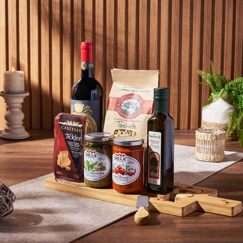Celebration Wine Gift Basket with Olive Oil and Pesto Sauces – gift basket with this product contains our base red wine