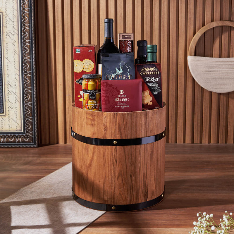 Barrel of Wine & Savory Bites, wine gift, wine, cheese gift, cheese, charcuterie gift, charcuterie, New York City delivery