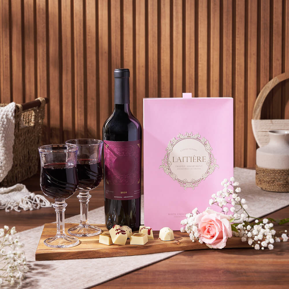 The Elegant Wine Dessert Board, wine gift, wine, chocolate gift, chocolate, rose gift, New York City delivery