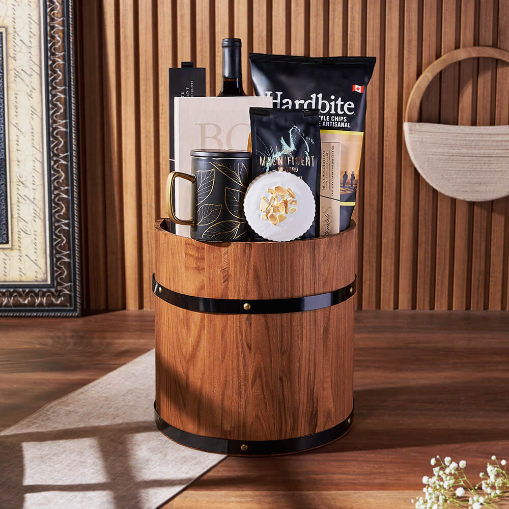 Wine Barrel Snack Collection, wine gift, wine, chocolate gift, chocolate, coffee gift, coffee, New York City delivery