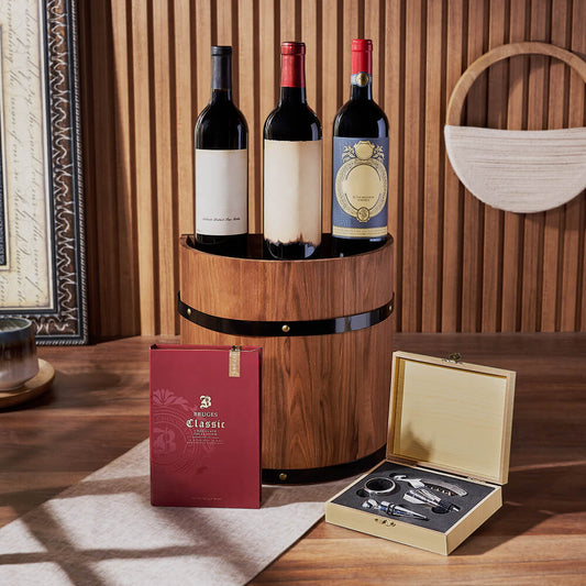 Wine Barrel Gift Set, wine gift, wine, wine trio gift, wine trio, chocolate gift, chocolate, New York City delivery