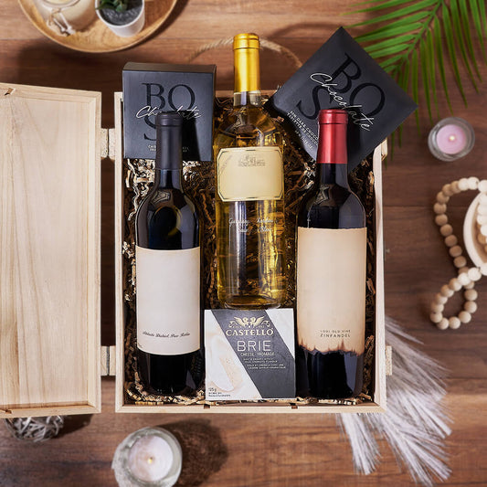 Wine Trio Pairing Gift, wine gift, wine, chocolate gift, chocolate, cheese gift, cheese, New York City delivery