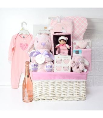 Pink Bunny Celebration Basket, baby gift baskets, baby boy, baby gift, new parent, baby, champagne
