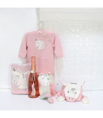 A UNICORN FRIEND FOR THE BABY GIRL GIFT BASKET, baby girl gift basket, welcome home baby gifts, new parent gifts
