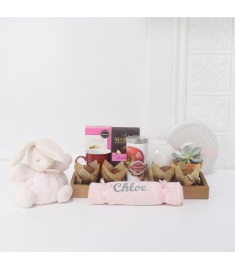 BUNNY MEETS BABY GIFT BASKET, baby girl gift basket, welcome home baby gifts, new parent gifts
